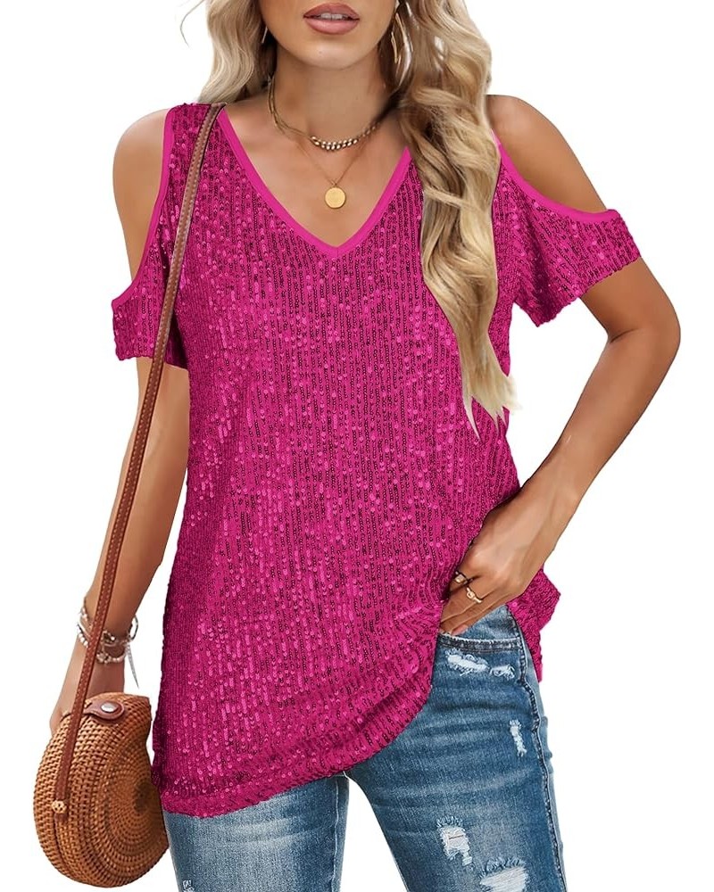 Sequin Tops Women Sparkly Shirt: Party Top Sparkle Shirts Glitter Cold Shoulder V Neck Blouses Evening Club Outfits Plum Red ...