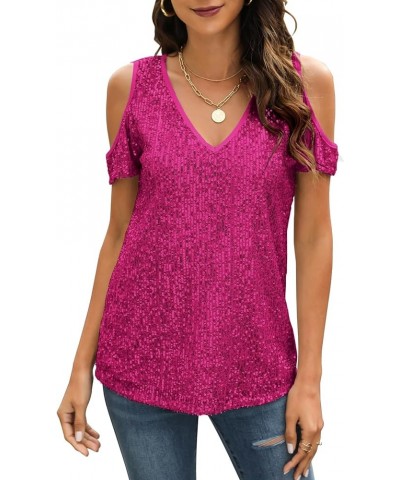 Sequin Tops Women Sparkly Shirt: Party Top Sparkle Shirts Glitter Cold Shoulder V Neck Blouses Evening Club Outfits Plum Red ...