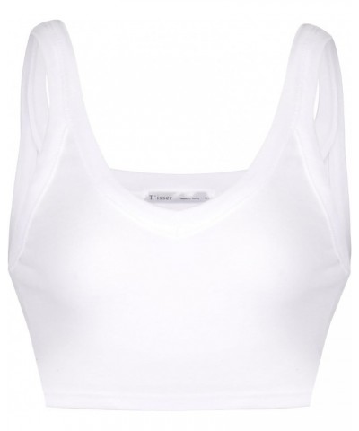 Women's Slim Fit V-Neck Cropped Tank Tops Sleeveless Spandex Knit 01-white $8.47 Tanks