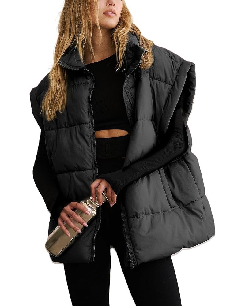 Women Winter Oversized Puffer Vest Lightweight Stand Collar Flysleeve Insulated Padded Puffy Jackets Coat with Pockets Black ...