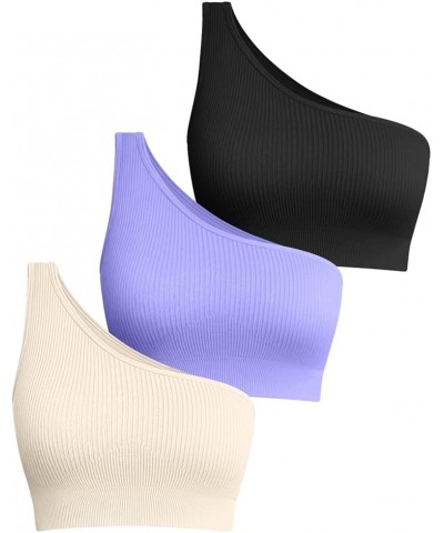 Women's 3 Piece Medium Support Crop Top One Shoulder Ribbed Seamless Removable Cups Workout Exercise Sport Bra Black Purple B...