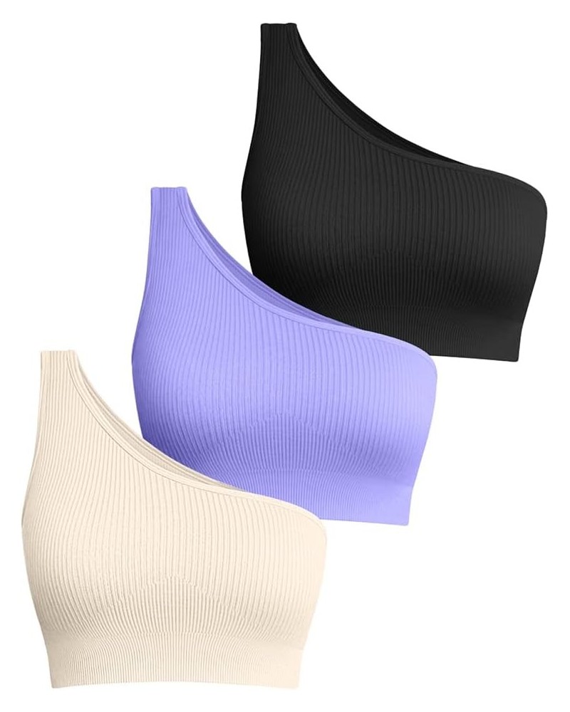 Women's 3 Piece Medium Support Crop Top One Shoulder Ribbed Seamless Removable Cups Workout Exercise Sport Bra Black Purple B...