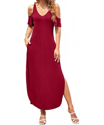 Women's Summer Maxi Dresses V Neck Cold Shoulder Short Sleeve Casual Loose Long Split Dress with Pocket Burgundy $17.00 Dresses