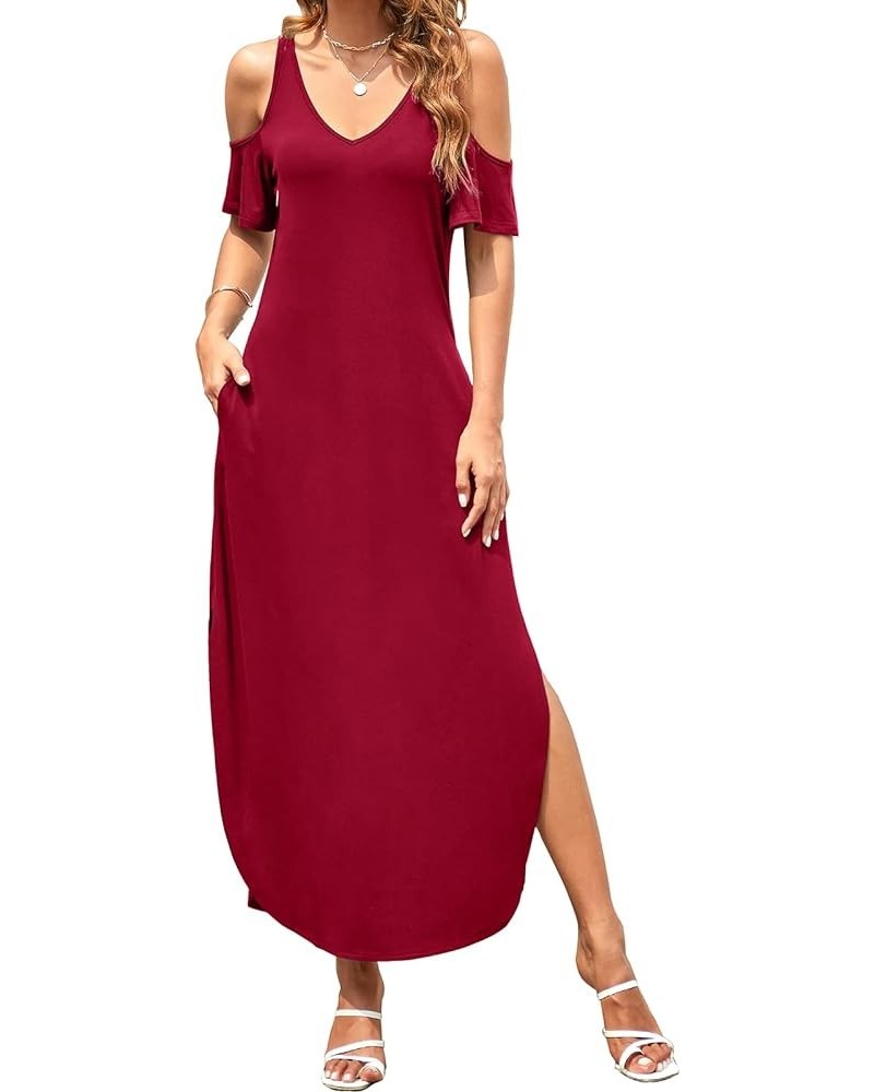 Women's Summer Maxi Dresses V Neck Cold Shoulder Short Sleeve Casual Loose Long Split Dress with Pocket Burgundy $17.00 Dresses