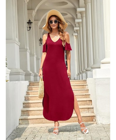 Women's Summer Maxi Dresses V Neck Cold Shoulder Short Sleeve Casual Loose Long Split Dress with Pocket Burgundy $17.00 Dresses