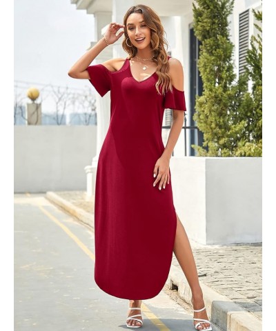 Women's Summer Maxi Dresses V Neck Cold Shoulder Short Sleeve Casual Loose Long Split Dress with Pocket Burgundy $17.00 Dresses