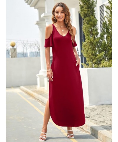 Women's Summer Maxi Dresses V Neck Cold Shoulder Short Sleeve Casual Loose Long Split Dress with Pocket Burgundy $17.00 Dresses