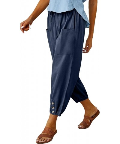 Women's High Waist Drawstring Capri Pants Loose Wide Leg Cropped Lounge Trousers with Pocket Navy Blue $11.72 Pants