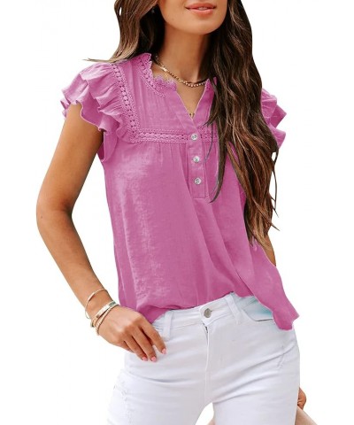 Women's V Neck Lace Crochet Shirts Short Sleeve Button Down Casual Solid Blouse Tops Hot Pink $12.73 Blouses