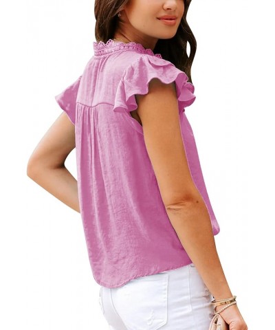 Women's V Neck Lace Crochet Shirts Short Sleeve Button Down Casual Solid Blouse Tops Hot Pink $12.73 Blouses