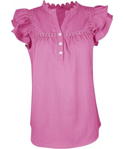 Women's V Neck Lace Crochet Shirts Short Sleeve Button Down Casual Solid Blouse Tops Hot Pink $12.73 Blouses