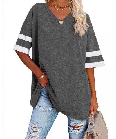 Women's Striped Oversized T Shirts V Neck Tees Half Sleeve Comfy Cozy Cotton Tunic Tops with Pockets 02-dark Grey $12.99 Tops