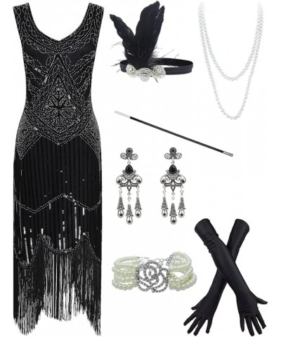 20s Flapper Gatsby Sequin Beaded Evening Cocktail Dress with accessories set Black&silver $32.34 Sets