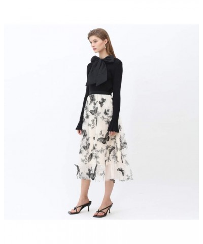 Women's Caramel/Dusty Blue/White/Black 3D Posy Double-Layered Mesh Midi Skirt Cream $26.90 Skirts