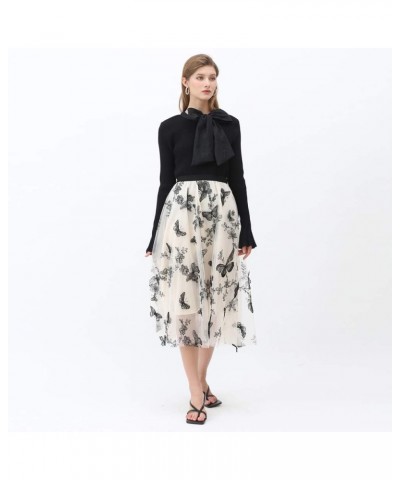 Women's Caramel/Dusty Blue/White/Black 3D Posy Double-Layered Mesh Midi Skirt Cream $26.90 Skirts