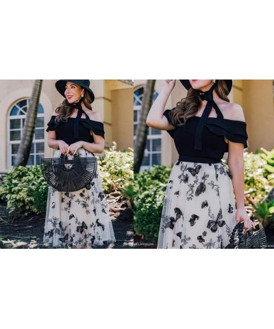 Women's Caramel/Dusty Blue/White/Black 3D Posy Double-Layered Mesh Midi Skirt Cream $26.90 Skirts