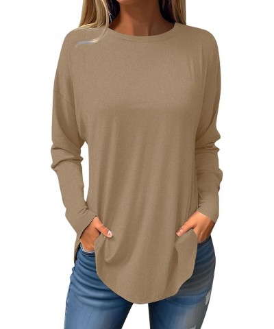 Women Print Crew Neck Tunic Shirt 2024 Spring Casual Loose Top Cozy Stretchy Breathable Basic Long Sleeve T-Shirt 08-khaki $8...