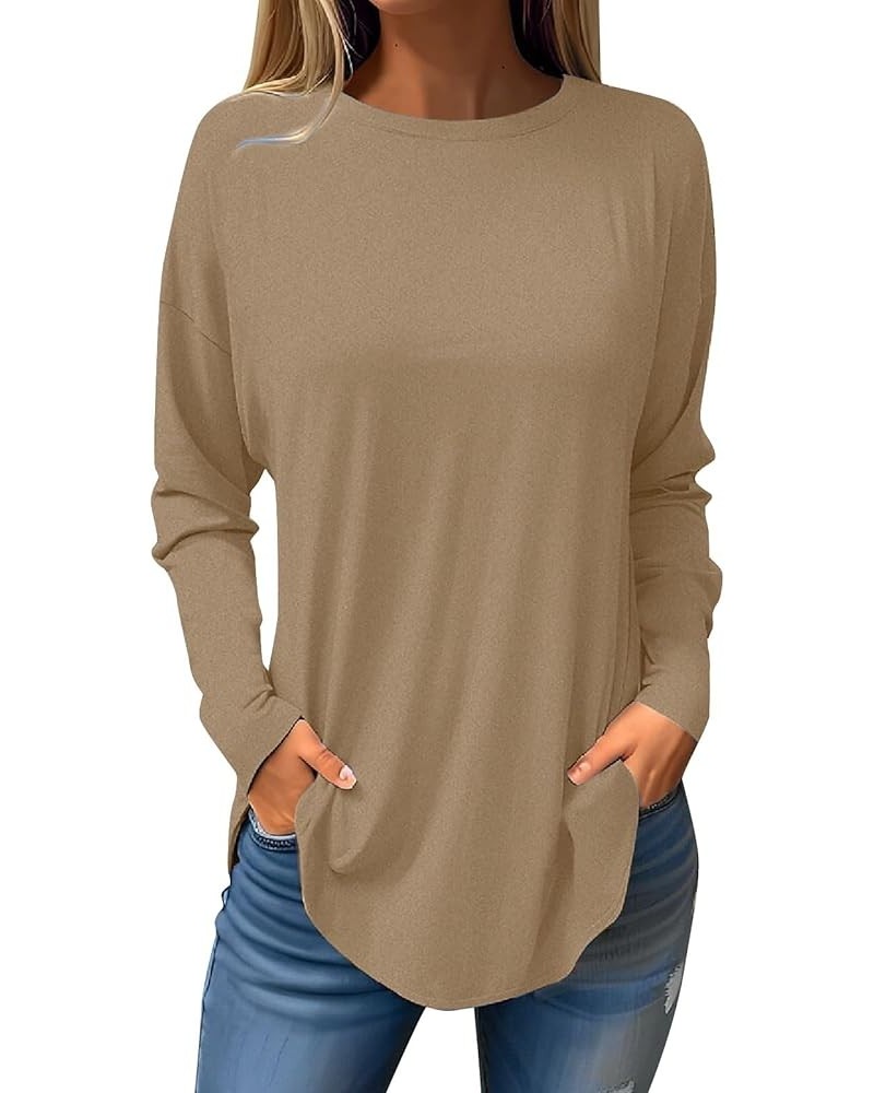 Women Print Crew Neck Tunic Shirt 2024 Spring Casual Loose Top Cozy Stretchy Breathable Basic Long Sleeve T-Shirt 08-khaki $8...