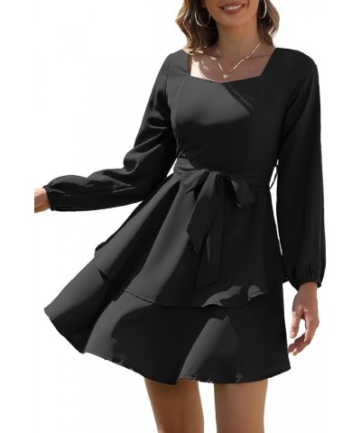 Womens Long Sleeve Mini Dress Square Neck or V Neck High Waist A Line Short Dress 01black $26.09 Dresses