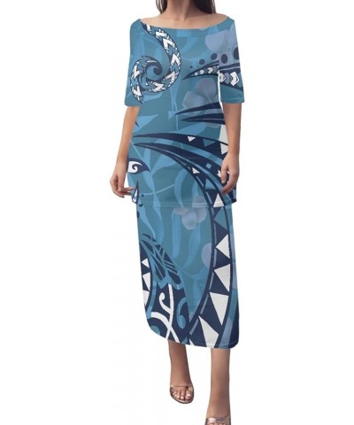 JooMeryer Womens 2 Piece Outfit Polynesian Short Sleeve Pullover Maxi Dress Puletasi Samoan Dress Blue Totem $17.84 Suits