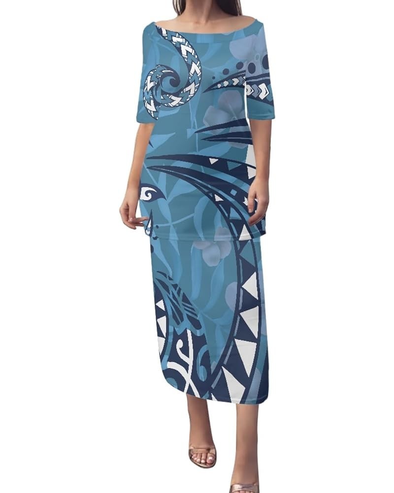 JooMeryer Womens 2 Piece Outfit Polynesian Short Sleeve Pullover Maxi Dress Puletasi Samoan Dress Blue Totem $17.84 Suits