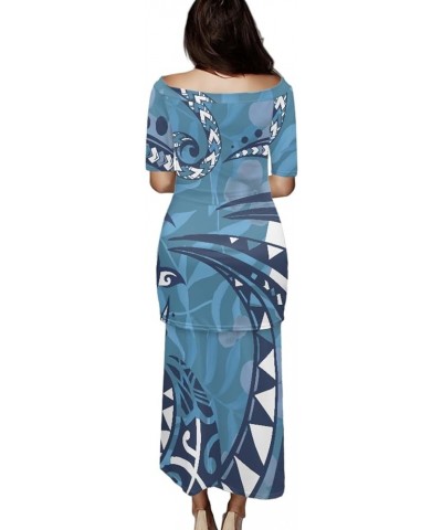 JooMeryer Womens 2 Piece Outfit Polynesian Short Sleeve Pullover Maxi Dress Puletasi Samoan Dress Blue Totem $17.84 Suits