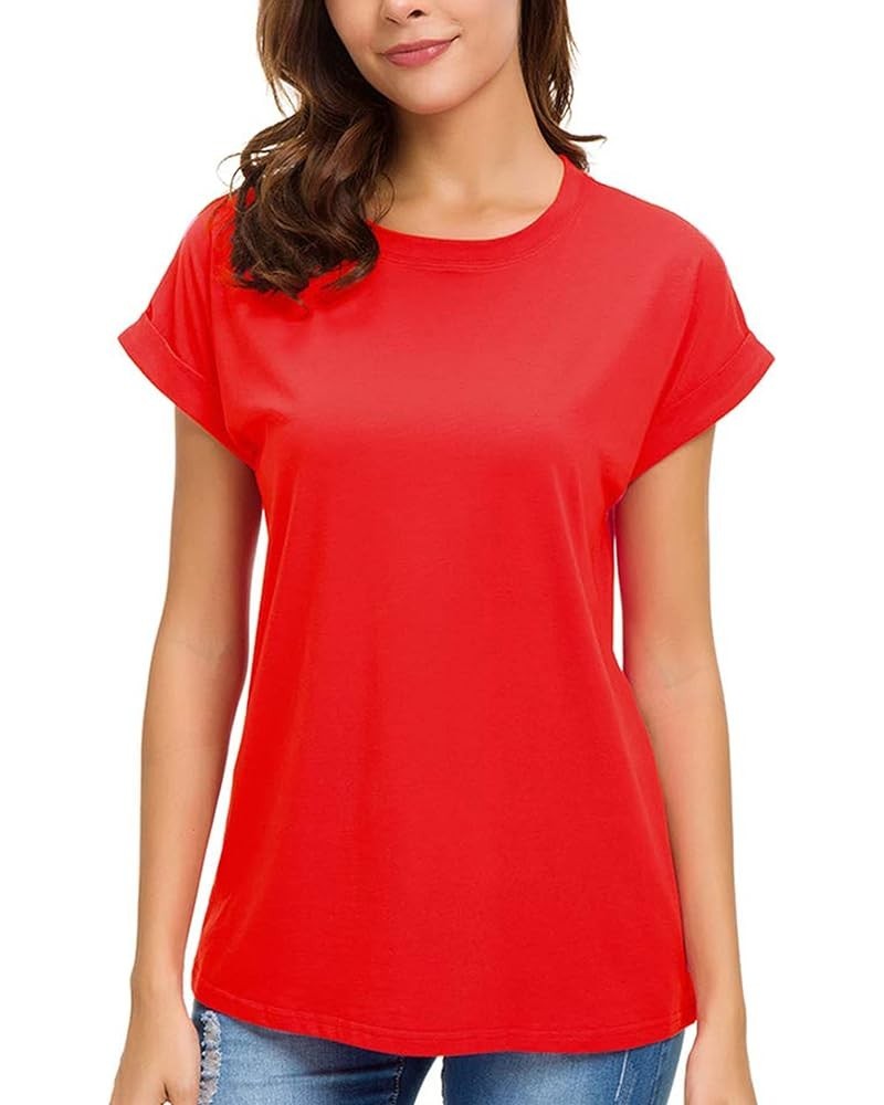 Womens Short Sleeve Loose Fitting T Shirts Cotton Casual Tops Red $12.00 T-Shirts