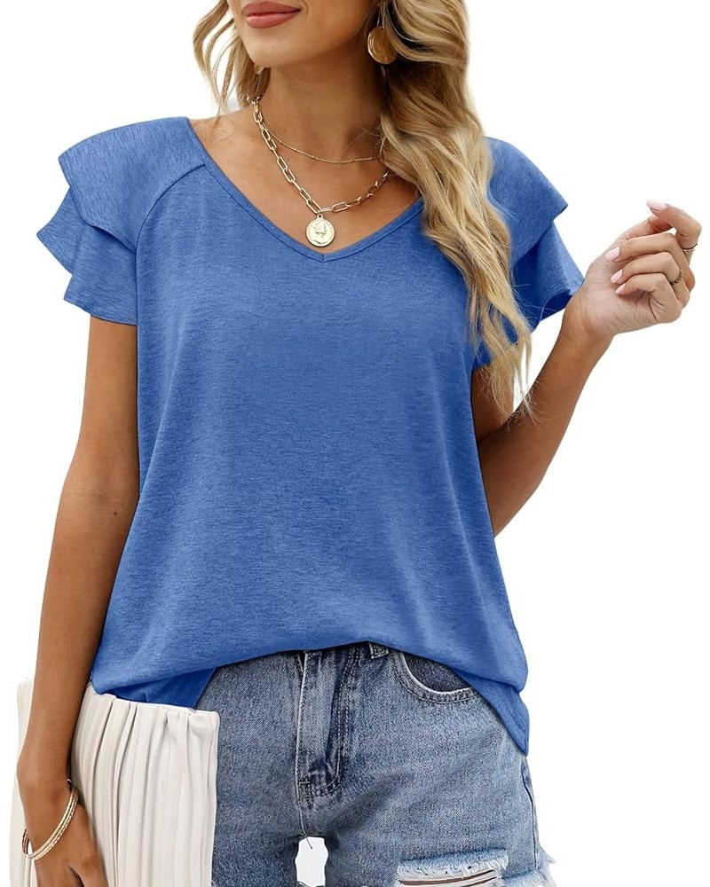 Womens Summer Tops Ruffle Short Sleeve V Neck T-Shirts Casual Loose Fit C Blue $11.99 T-Shirts