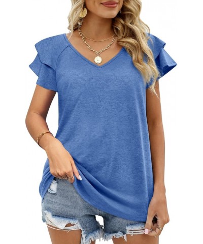 Womens Summer Tops Ruffle Short Sleeve V Neck T-Shirts Casual Loose Fit C Blue $11.99 T-Shirts