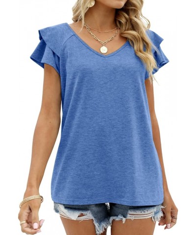 Womens Summer Tops Ruffle Short Sleeve V Neck T-Shirts Casual Loose Fit C Blue $11.99 T-Shirts