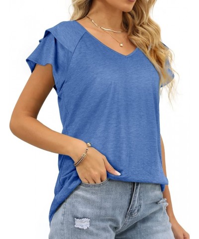 Womens Summer Tops Ruffle Short Sleeve V Neck T-Shirts Casual Loose Fit C Blue $11.99 T-Shirts