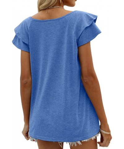 Womens Summer Tops Ruffle Short Sleeve V Neck T-Shirts Casual Loose Fit C Blue $11.99 T-Shirts