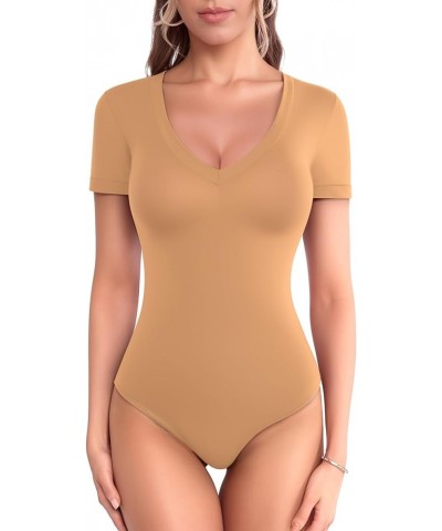 Bodysuit for Women Modal V Neck Folded Over Short Sleeve Tops Jumpsuit Camel $9.99 Bodysuits