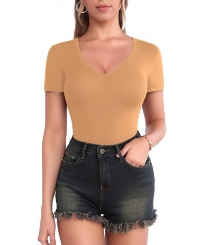 Bodysuit for Women Modal V Neck Folded Over Short Sleeve Tops Jumpsuit Camel $9.99 Bodysuits