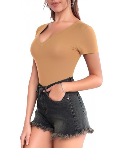 Bodysuit for Women Modal V Neck Folded Over Short Sleeve Tops Jumpsuit Camel $9.99 Bodysuits