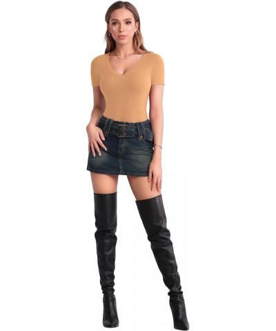 Bodysuit for Women Modal V Neck Folded Over Short Sleeve Tops Jumpsuit Camel $9.99 Bodysuits