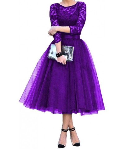 Women's A-Line Tea Length Sleeve Lace Prom Dress Cocktail Party Dress Purple $49.39 Dresses