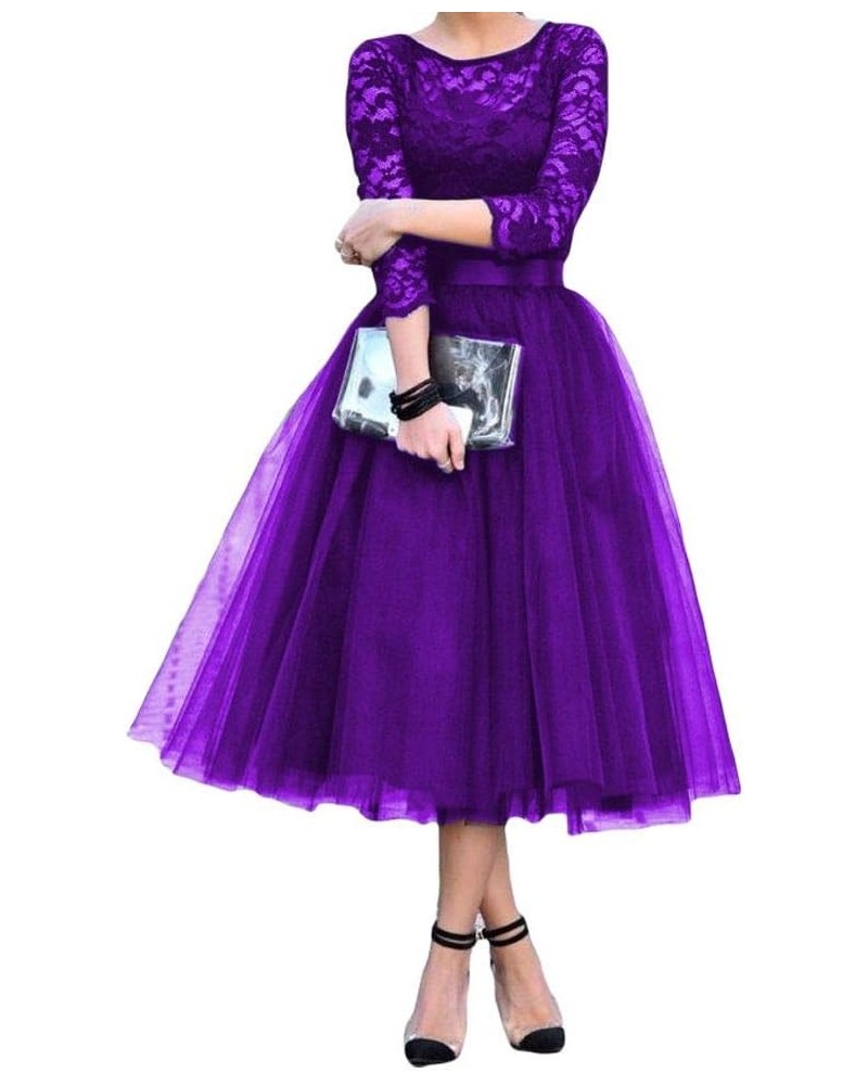 Women's A-Line Tea Length Sleeve Lace Prom Dress Cocktail Party Dress Purple $49.39 Dresses