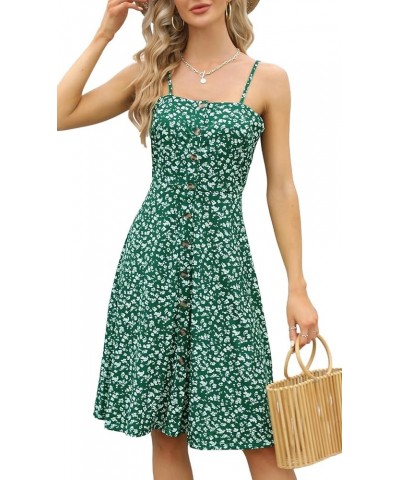 Women's Casual Beach Summer Dresses Solid Cotton Flattering A-Line Spaghetti Strap Button Down Midi Sundress Green Floral $18...