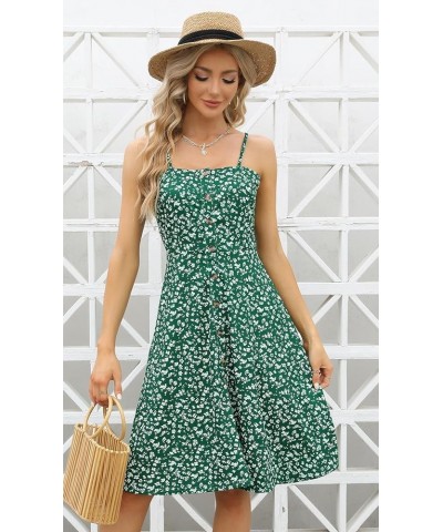 Women's Casual Beach Summer Dresses Solid Cotton Flattering A-Line Spaghetti Strap Button Down Midi Sundress Green Floral $18...