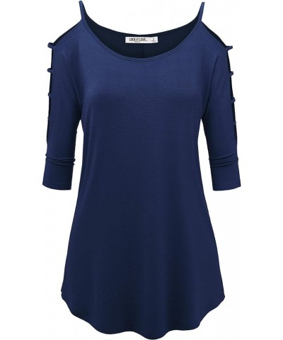 Women's Casual Loose Hollowed Out Shoulder Three Quarter Sleeve/Short Sleeve Semi-Loose Strappy Cold Shoulder Top Wt1803_navy...