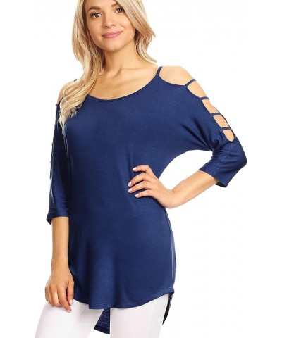 Women's Casual Loose Hollowed Out Shoulder Three Quarter Sleeve/Short Sleeve Semi-Loose Strappy Cold Shoulder Top Wt1803_navy...