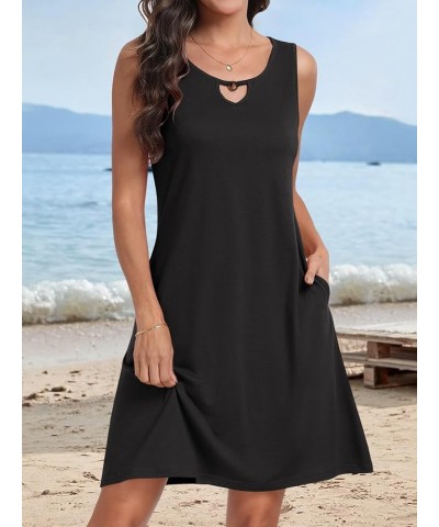 Summer Dresses for Women 2024 Trendy Beach Mini Crew Neck Sleeveless Cover Up Sundress with Pockets Black $12.74 Swimsuits