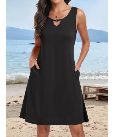 Summer Dresses for Women 2024 Trendy Beach Mini Crew Neck Sleeveless Cover Up Sundress with Pockets Black $12.74 Swimsuits