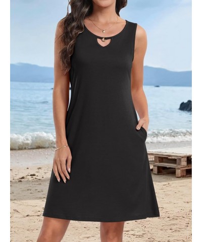 Summer Dresses for Women 2024 Trendy Beach Mini Crew Neck Sleeveless Cover Up Sundress with Pockets Black $12.74 Swimsuits