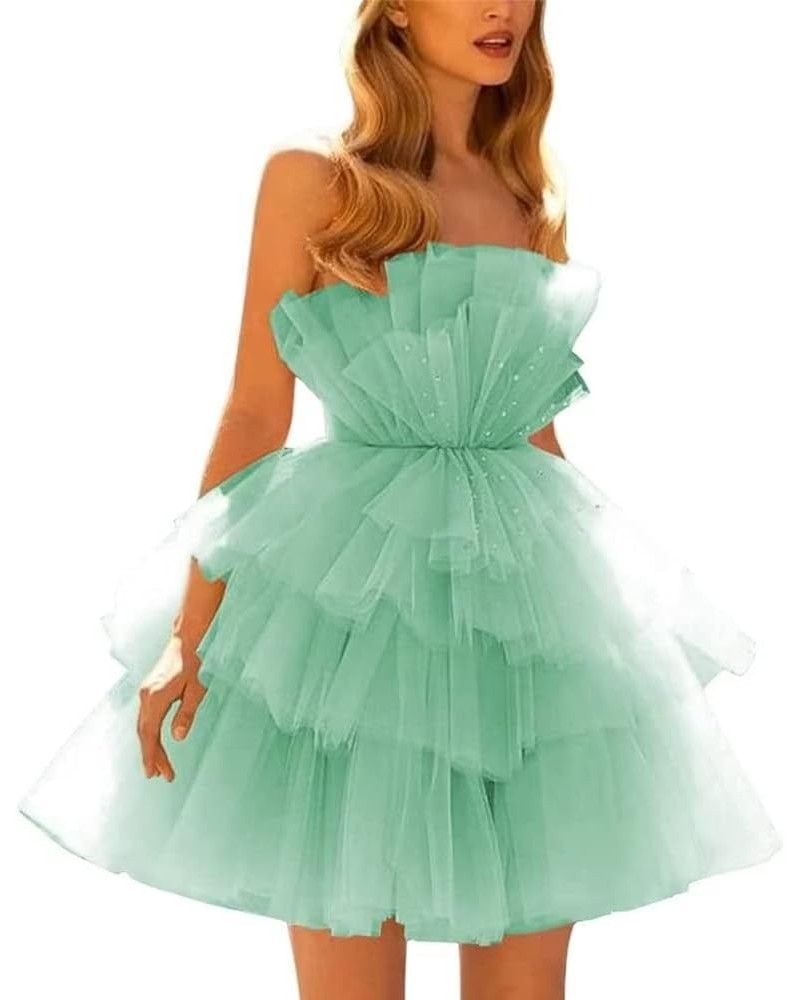 Strapless Homecoming Dresses for Teens Tiered Tulle Puffy Short Prom Dresses Ruffle Mini Party Gown Mint Green $34.50 Dresses