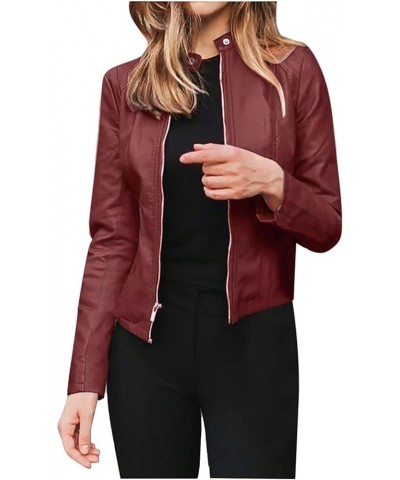 Black Leather Jacket Women Full Zip Snap Stand Collar Long Sleeve Short Cardigan Slim Jacket Zip Up Motorcycle Black Wine-d $...