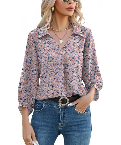 Womens 3/4 Sleeve Chiffon Blouses V Neck Collared Dressy Summer Tops Business Casual Tunic Shirts F2-pink Floral $17.66 Blouses