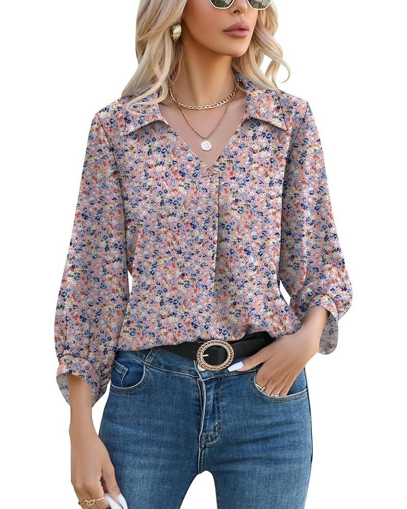 Womens 3/4 Sleeve Chiffon Blouses V Neck Collared Dressy Summer Tops Business Casual Tunic Shirts F2-pink Floral $17.66 Blouses