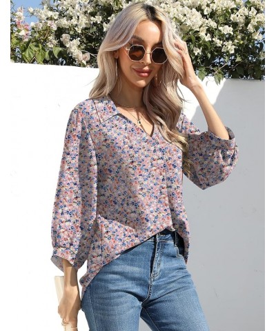 Womens 3/4 Sleeve Chiffon Blouses V Neck Collared Dressy Summer Tops Business Casual Tunic Shirts F2-pink Floral $17.66 Blouses